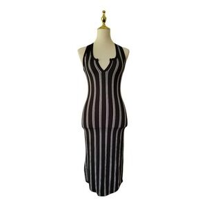 Capella Black Striped Bodycon Dress Size L Sleeveless Stretch Midi NWT